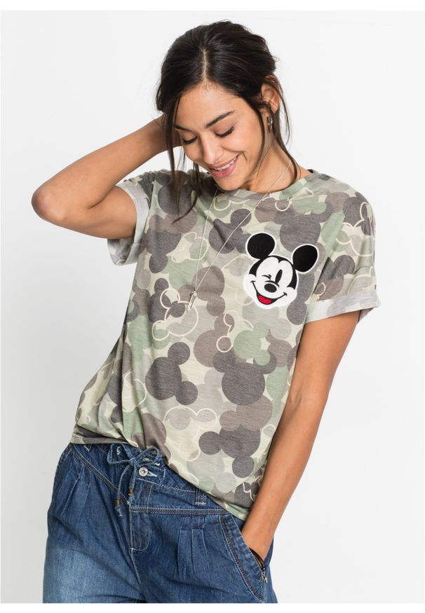 bonprix - Shirt w deseń moro i z motywem Myszki Miki. Kolor: zielony. Długość rękawa: krótki rękaw. Długość: krótkie. Wzór: moro