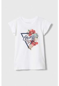 Guess t-shirt dziecięcy kolor biały. Kolor: biały. Materiał: bawełna, dzianina. Wzór: nadruk. Styl: klasyczny #1