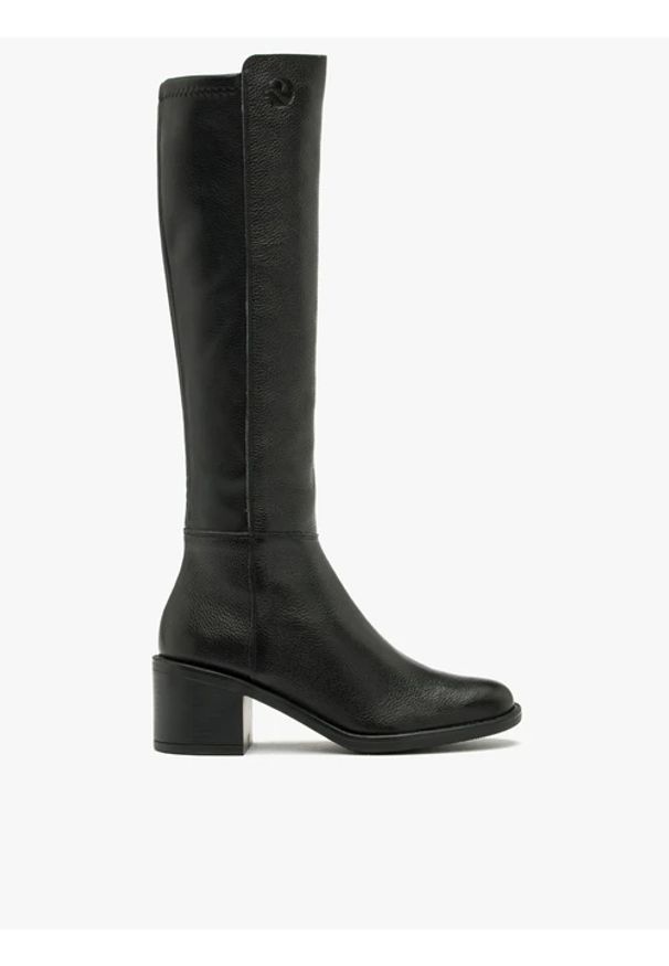 Ryłko - Czarne kozaki damskie z wąską cholewką. Nosek buta: okrągły. Zapięcie: zamek. Kolor: czarny. Materiał: skóra. Szerokość cholewki: wąska. Obcas: na obcasie. Styl: street. Wysokość obcasa: średni