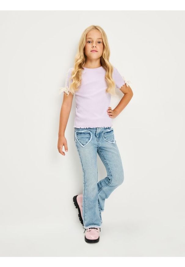 Sinsay - Prążkowana koszulka z falbanami - fioletowy. Kolor: fioletowy. Materiał: prążkowany