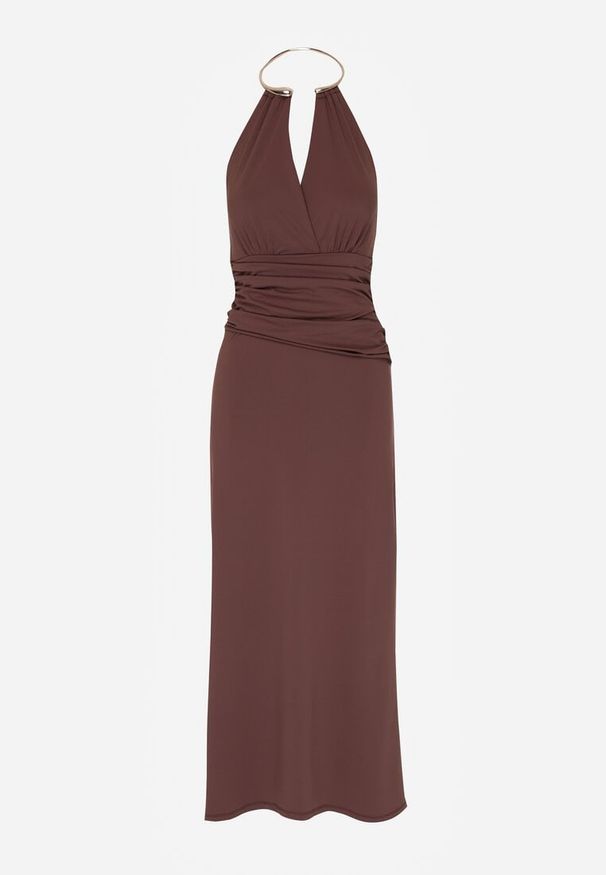 Born2be - Brązowa Sukienka Koktajlowa z Dekoltem Halter i Odkrytymi Plecami Sewrina. Okazja: na ślub cywilny, na wesele. Typ kołnierza: dekolt halter. Kolor: brązowy. Materiał: jedwab. Typ sukienki: proste. Styl: wizytowy