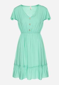 Born2be - Zielona Rozkloszowana Bawełniana Sukienka z Guzikami i Falbanami Natinema. Okazja: na co dzień. Typ kołnierza: dekolt w serek. Kolor: zielony. Materiał: bawełna. Sezon: lato. Styl: casual #7