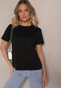 Renee - Czarna Bluzka z Bawełny z Cyrkoniami Analaris. Okazja: na co dzień. Kolor: czarny. Materiał: bawełna. Długość rękawa: krótki rękaw. Długość: krótkie. Wzór: aplikacja. Styl: casual