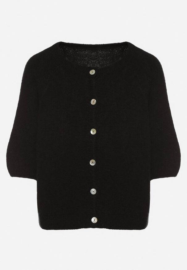 Born2be - Czarny Kardigan z Wełną z Rękawami Długości 3/4 Iffolara. Okazja: na co dzień. Kolor: czarny. Materiał: wełna. Styl: klasyczny, casual, elegancki