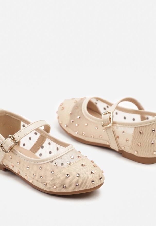 Born2be - Beżowe Balerinki z Transparentną Cholewką i Cyrkoniami Oliviris. Okazja: na imprezę, na co dzień. Zapięcie: sprzączka. Kolor: beżowy. Materiał: jeans. Szerokość cholewki: normalna. Styl: elegancki, casual, klasyczny
