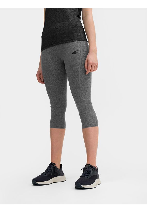 4f - 4F Legginsy treningowe 3/4 szybkoschnące damskie XS. Stan: podwyższony. Kolor: szary. Materiał: materiał, włókno, skóra