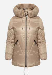 Born2be - Ciemnobeżowa Kurtka Lekko Pikowana z Odpinanym Kapturem i Futerkiem Fioritta. Kolekcja: plus size. Kolor: beżowy. Materiał: futro. Sezon: zima