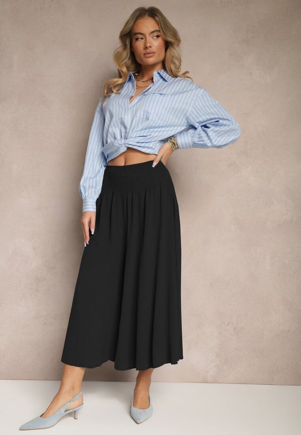 Renee - Czarne Spodnie Typu Kuloty High Waist o Szerokim Kroju z Marszczeniem Araliannis. Okazja: na co dzień. Stan: podwyższony. Kolor: czarny. Styl: klasyczny, elegancki, casual