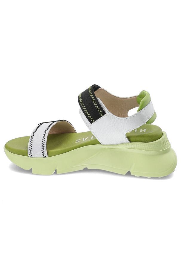 Zielone Sandały Hispanitas Wygodne Obuwie Damskie. Okazja: na co dzień. Zapięcie: rzepy. Kolor: zielony. Materiał: materiał, skóra. Wzór: paski. Styl: casual