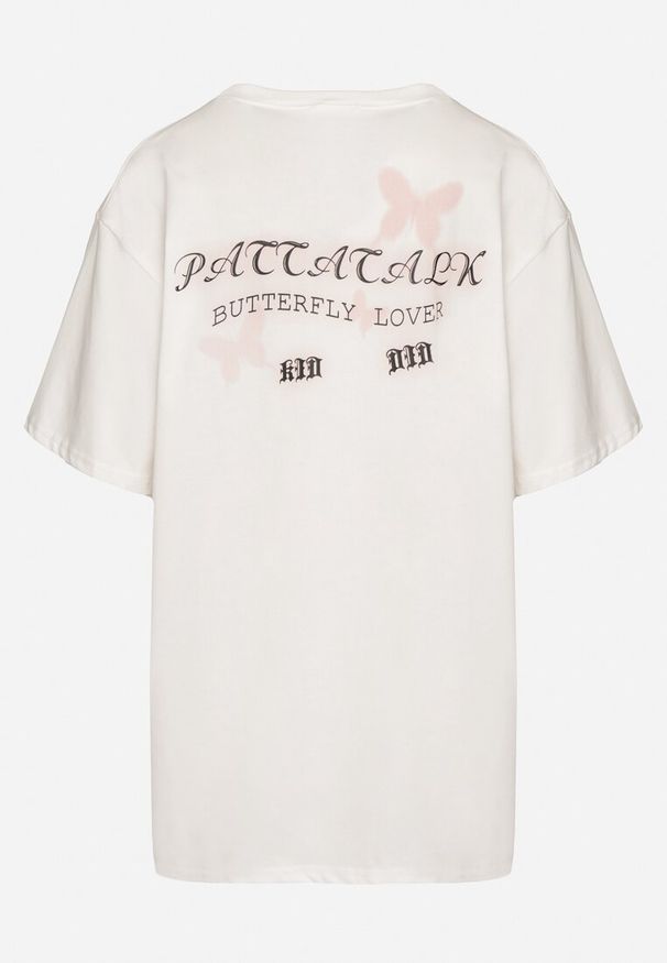 Born2be - Biały T-shirt Oversize z Bawełny z Nadrukiem z Motylem Nonatira. Okazja: na spacer. Kolor: biały. Materiał: bawełna. Wzór: nadruk. Styl: elegancki, klasyczny