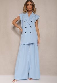 Renee - Niebieskie Spodnie Garniturowe o Szerokim Kroju High Waist Peavelle. Stan: podwyższony. Kolor: niebieski. Styl: klasyczny, elegancki