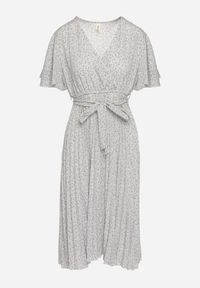 Born2be - Beżowo-Fioletowa Rozkloszowana Sukienka z Gumką w Pasie i Materiałowym Paskiem Prissa. Okazja: na co dzień. Typ kołnierza: dekolt w kształcie V. Kolor: beżowy. Materiał: materiał. Długość rękawa: krótki rękaw. Styl: elegancki, casual #5