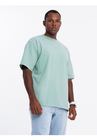 Ombre Clothing - T-shirt bawełniany męski LOOSE FIT z okrągłym dekoltem – miętowy V6 - Rozmiar: XL. Okazja: na co dzień. Kolor: miętowy. Materiał: bawełna. Styl: casual