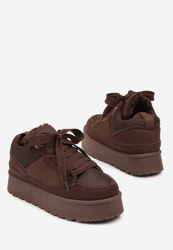 Renee - Brązowe Sneakersy Śniegowce na Platformie Velavine. Kolor: brązowy. Materiał: jeans. Obcas: na platformie