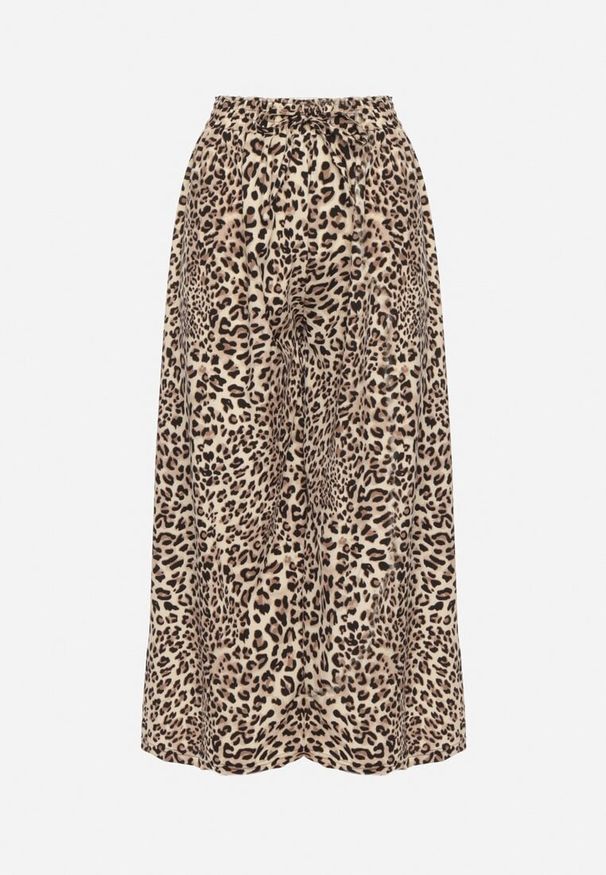 Born2be - Beżowo-Czarne Spodnie o Szerokim Kroju z Gumką w Talii w Panterkę Filassena. Okazja: na co dzień. Kolor: czarny. Wzór: motyw zwierzęcy. Styl: casual, elegancki