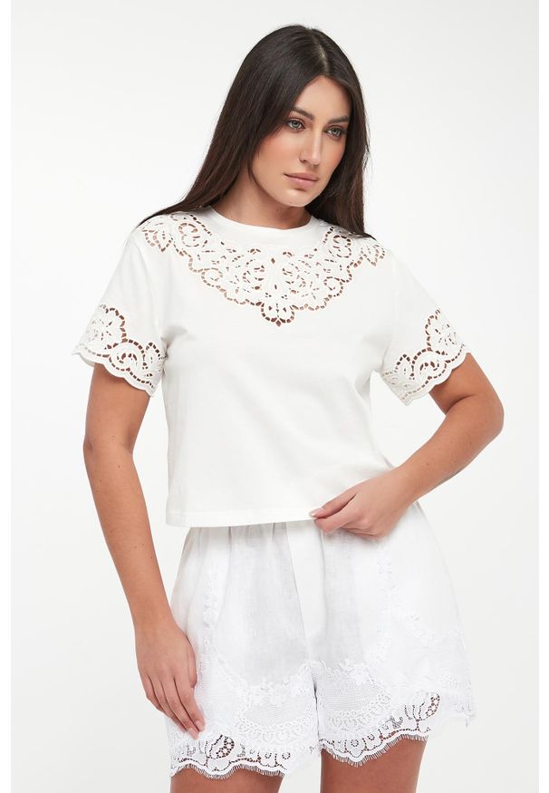 Twinset Milano - T-shirt damski z koronką TWINSET. Materiał: koronka. Wzór: koronka