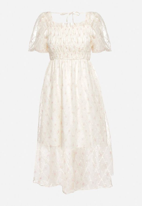 Born2be - Beżowo-Różowa Rozkloszowana Sukienka z Bufiastymi Rękawami i Marszczoną Górą Vikinania. Okazja: na co dzień, na imprezę. Kolor: beżowy. Materiał: skóra. Styl: casual