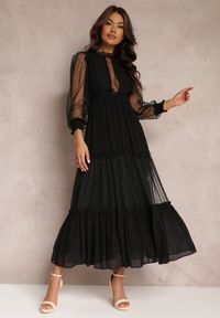 Renee - Czarna Sukienka z Bufiastym Rękawem Ozdobiona Tiulowymi Wstawkami Laluna. Kolor: czarny. Materiał: tiul. Wzór: aplikacja