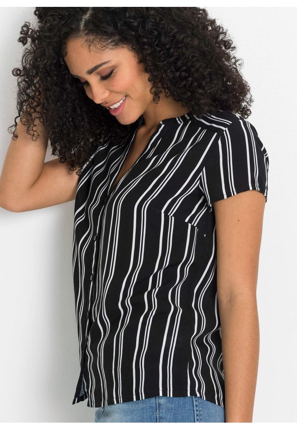 bonprix - Bluzka z krótkim rękawem z czystej wiskozy. Typ kołnierza: dekolt w serek. Kolor: czarny. Materiał: wiskoza. Długość rękawa: krótki rękaw. Długość: krótkie. Wzór: nadruk. Styl: elegancki