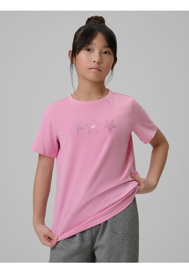 4f - 4F T-shirt regular z nadrukiem dziewczęcy - różowy 152 (11-12 lat). Okazja: na co dzień. Kolor: różowy. Materiał: skóra, bawełna, materiał. Długość rękawa: krótki rękaw. Długość: krótkie. Wzór: nadruk. Sezon: lato. Styl: casual