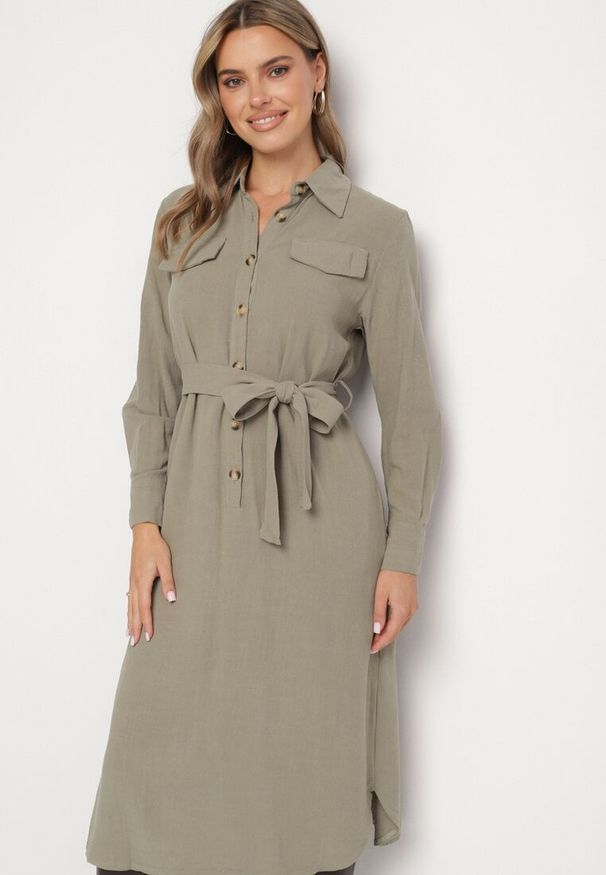 Born2be - Zielona Bawełniana Sukienka Koszulowa z Wiązanym Paskiem Zintrona. Okazja: na co dzień. Kolor: zielony. Materiał: bawełna. Typ sukienki: koszulowe. Styl: casual
