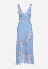 Born2be - Niebieska Siateczkowa Sukienka z Kwiatowym Motywem Milanessa. Okazja: na co dzień. Kolor: niebieski. Materiał: jeans. Wzór: kwiaty. Typ sukienki: proste. Styl: elegancki, casual