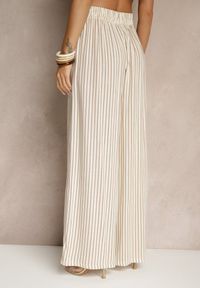 Renee - Beżowo-Brązowe Szerokie Spodnie High Waist w Paski z Bawełny Silorea. Okazja: na co dzień. Stan: podwyższony. Kolor: beżowy. Materiał: bawełna. Wzór: paski. Styl: elegancki, casual #3