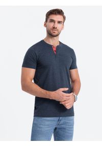 Ombre Clothing - T-shirt męski bez nadruku z guzikami - granatowy V5 S1390 - XXL. Typ kołnierza: polo. Kolor: niebieski. Materiał: bawełna, poliester, jeans