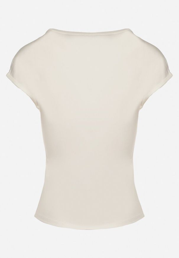 Born2be - Biały T-shirt o Dopasowanym Kroju z Wycięciem i Guzikami przy Dekolcie Ballirea. Okazja: na co dzień. Kolor: biały. Materiał: jeans. Wzór: aplikacja. Styl: elegancki, casual