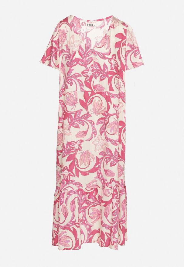 Born2be - Różowa Pudełkowa Sukienka z Wiskozy w Kwiaty z Dekoltem w Serek Inisara. Okazja: na co dzień. Typ kołnierza: dekolt w serek. Kolor: różowy. Materiał: wiskoza. Długość rękawa: krótki rękaw. Wzór: kwiaty. Styl: casual, elegancki, klasyczny