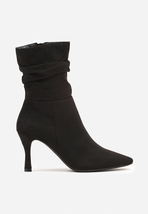 Renee - Czarne Marszczone Botki z Ekozamszu na Niskim Obcasie Typu Szpilka Savalith. Okazja: na co dzień. Kolor: czarny. Materiał: jeans. Obcas: na obcasie. Styl: elegancki, wizytowy, casual. Wysokość obcasa: niski