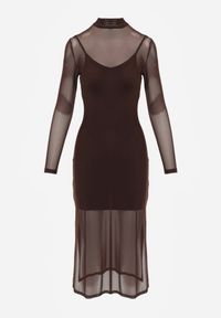 Born2be - Brązowa Prześwitująca Sukienka Siateczkowa z Halką Kuma. Okazja: na co dzień. Kolor: brązowy. Materiał: wiskoza, jeans. Długość rękawa: na ramiączkach. Typ sukienki: proste. Styl: casual, elegancki, klasyczny #2