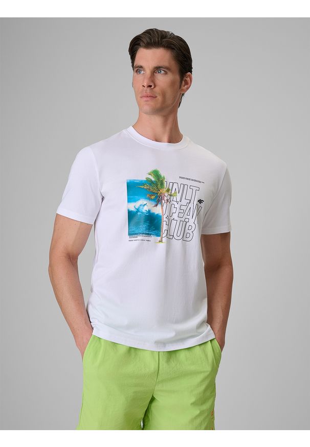 4f - 4F T-shirt regular z nadrukiem męski - biały S. Okazja: na co dzień. Kolor: biały. Materiał: bawełna, dzianina. Wzór: nadruk. Styl: wakacyjny, casual, klasyczny