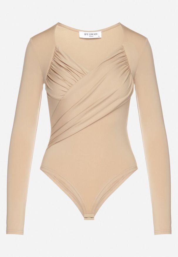 Born2be - Beżowe Body Eleganckie z Marszczeniem Ziellea. Okazja: na co dzień. Kolor: beżowy. Materiał: jeans. Długość rękawa: długi rękaw. Długość: długie. Styl: elegancki