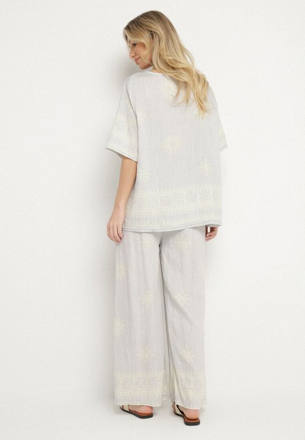 Born2be - Jasnoszary Komplet z Wiskozą w Stylu Rustykalnym Bluzka i Szerokie Spodnie Ronilae. Kolor: szary. Materiał: wiskoza