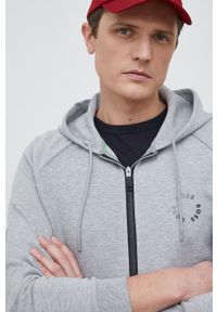 Boss Green - BOSS bluza BOSS GREEN męska kolor szary z kapturem z nadrukiem. Typ kołnierza: kaptur. Kolor: szary. Materiał: poliester. Długość rękawa: raglanowy rękaw. Wzór: nadruk #3