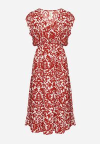 Born2be - Bordowa Bawełniana Sukienka Rozkloszowana z Falbankami w Ornamentalny Wzór Zaliette. Okazja: na co dzień. Typ kołnierza: kołnierz z falbankami. Kolor: czerwony. Materiał: bawełna. Długość rękawa: krótki rękaw. Styl: casual, elegancki #2