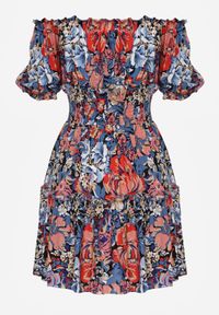 Born2be - Niebiesko-Czarna Wiskozowa Sukienka Mini z Gumkami w Pasie i Falbanką Muena. Typ kołnierza: kołnierz z falbankami. Kolor: niebieski. Materiał: wiskoza. Wzór: kwiaty. Długość: mini #2