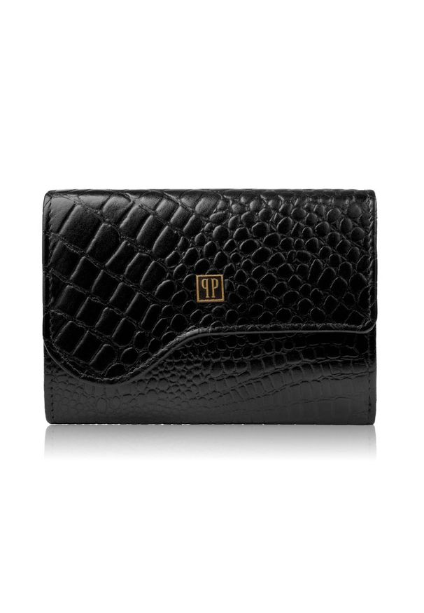 PAOLO PERUZZI - Portfel damski skórzany mały czarny croco w orientacji poziomej z ochroną RFID Paolo Peruzzi T-135-BL. Kolor: czarny. Materiał: skóra