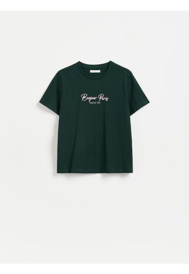 Reserved - Bawełniany t-shirt z nadrukiem - ciemnozielony. Kolor: zielony. Materiał: bawełna. Wzór: nadruk