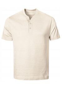 Koszulka Męska (T-Shirt) na Stójce z Guzikami - Pako Jeans - Jasny Beż. Okazja: na co dzień. Typ kołnierza: kołnierzyk stójkowy. Kolor: brązowy, beżowy, wielokolorowy. Materiał: bawełna. Styl: casual #1
