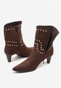 Renee - Brązowe Botki na Stożku z Metalicznymi Nitami Violera. Kolor: brązowy. Materiał: jeans. Obcas: na stożku. Styl: boho #5
