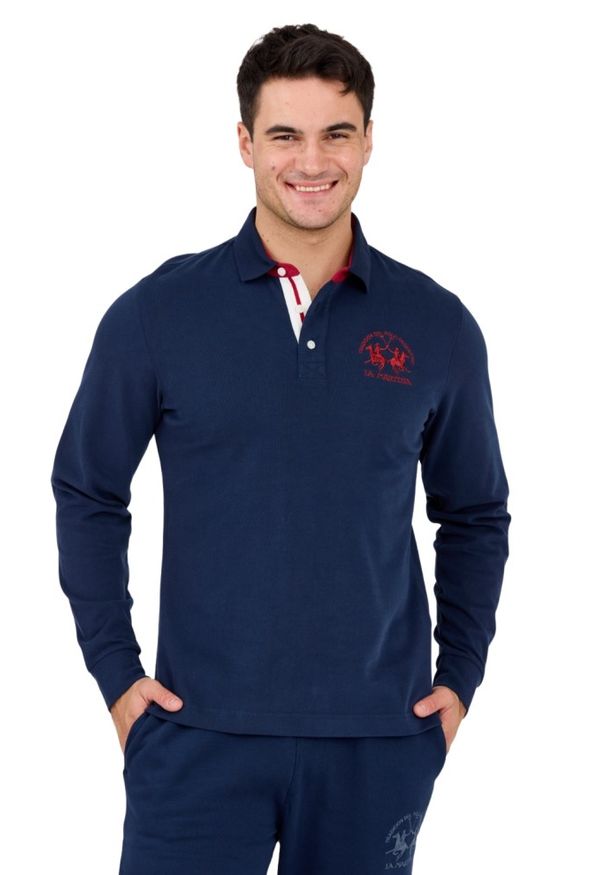 La Martina - LA MARTINA Granatowy męski longsleeve polo HEAVY JERSEY, Rozmiar L. Okazja: na co dzień. Typ kołnierza: polo. Kolor: niebieski. Materiał: jersey. Długość rękawa: długi rękaw. Styl: klasyczny, casual