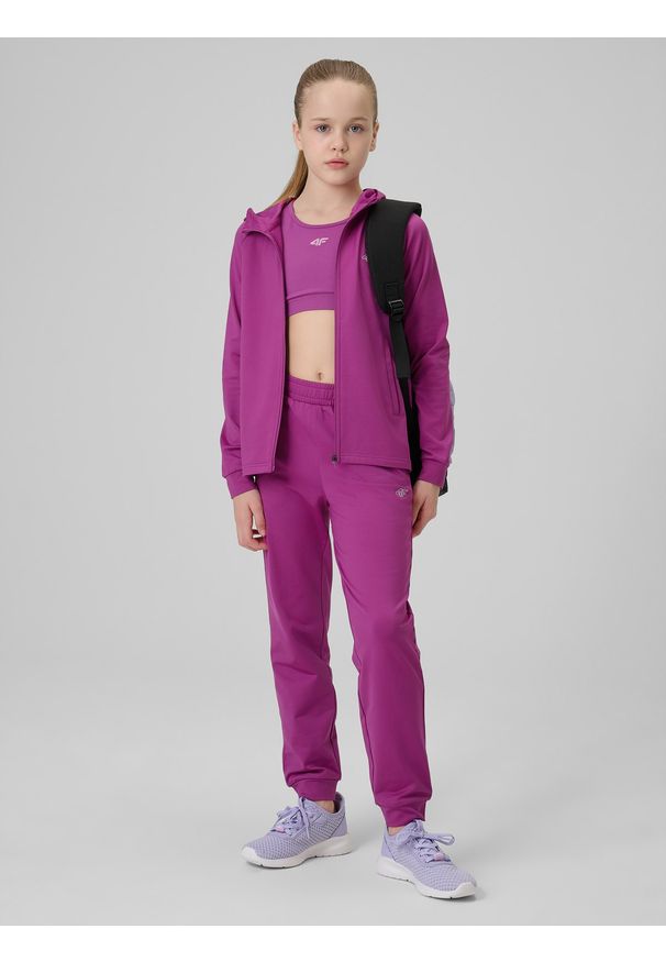 4f - 4F Bluza sportowa regular z kapturem dziewczęca - różowa 146/152 (10-12 lat). Okazja: na spacer, na uczelnię. Typ kołnierza: kaptur. Kolor: różowy. Materiał: skóra, dzianina. Sezon: lato. Styl: sportowy