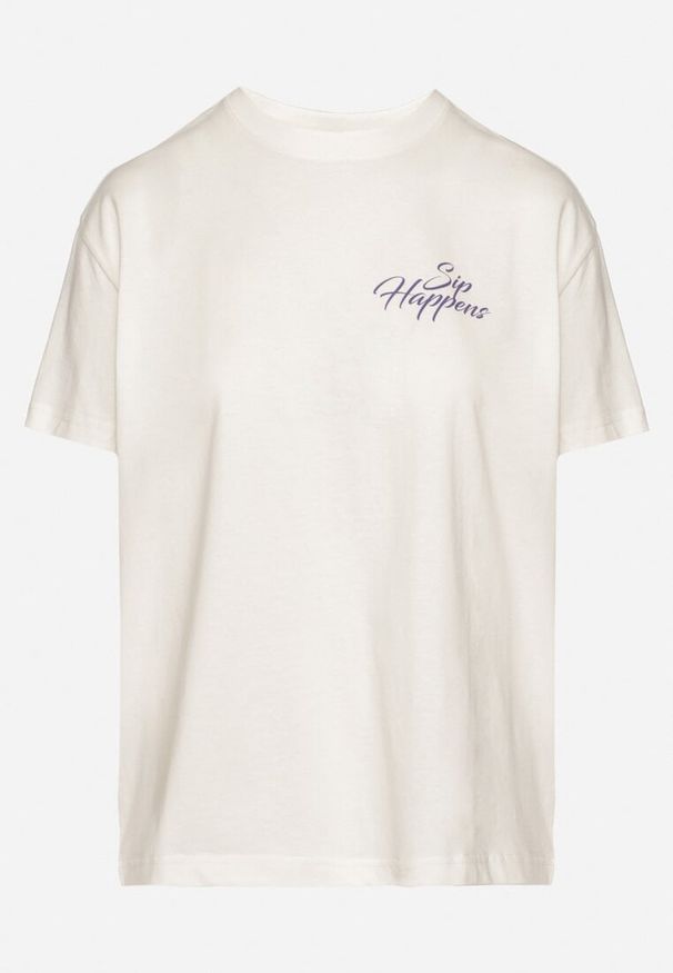 Born2be - Jasnobeżowy Bawełniany T-shirt z Ozdobnym Nadrukiem Addlessa. Okazja: na co dzień. Kolor: beżowy. Materiał: bawełna. Wzór: nadruk. Styl: klasyczny, casual