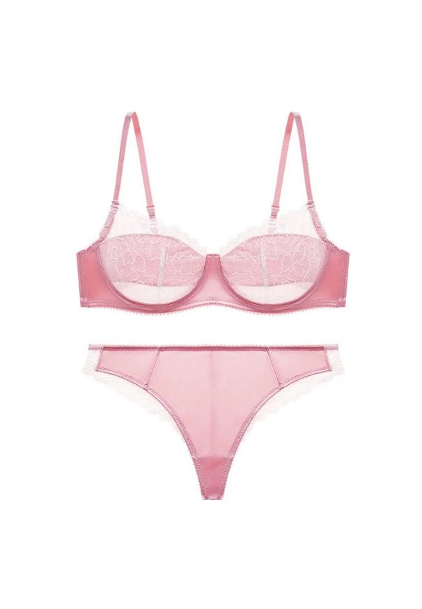 Intica - Komplet bielizny koronkowej z satynowym wykończeniem na romantyczne wieczory Leatha. Kolor: różowy. Materiał: satyna, koronka. Wzór: koronka