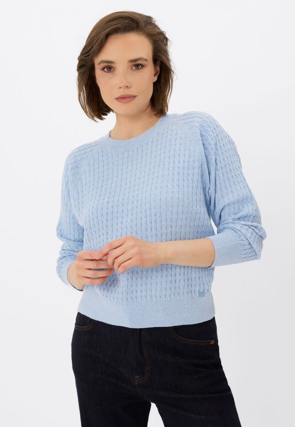 Volcano - Bawełniany sweter S-KAMA. Kolor: niebieski. Materiał: bawełna. Długość rękawa: długi rękaw. Długość: długie. Wzór: aplikacja, ze splotem. Styl: elegancki, sportowy, klasyczny