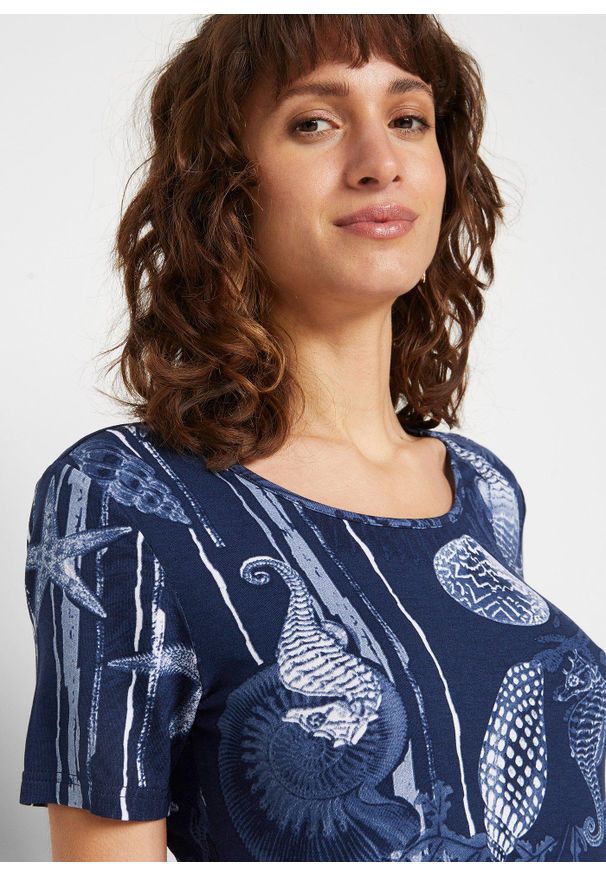 bonprix - Długi shirt z miękkiego materiału z wiskozą. Kolor: niebieski. Materiał: wiskoza, materiał. Długość rękawa: krótki rękaw. Długość: długie. Styl: elegancki