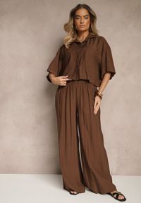 Renee - Brązowy Komplet z Wiskozy o Kroju Oversize Koszula i Spodnie Dovaraella. Kolor: brązowy. Materiał: wiskoza