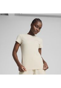 Puma - Damska koszulka prążkowana ESS ELEVATED PUMA Alpine Snow White. Kolor: biały, wielokolorowy, beżowy. Materiał: prążkowany. Wzór: haft